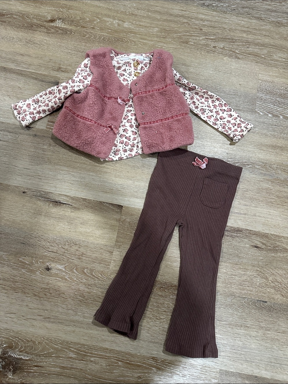 Girls' Pink Floral Top, Dusty Rose Vest & Brown Ribbed Pants Matching Set